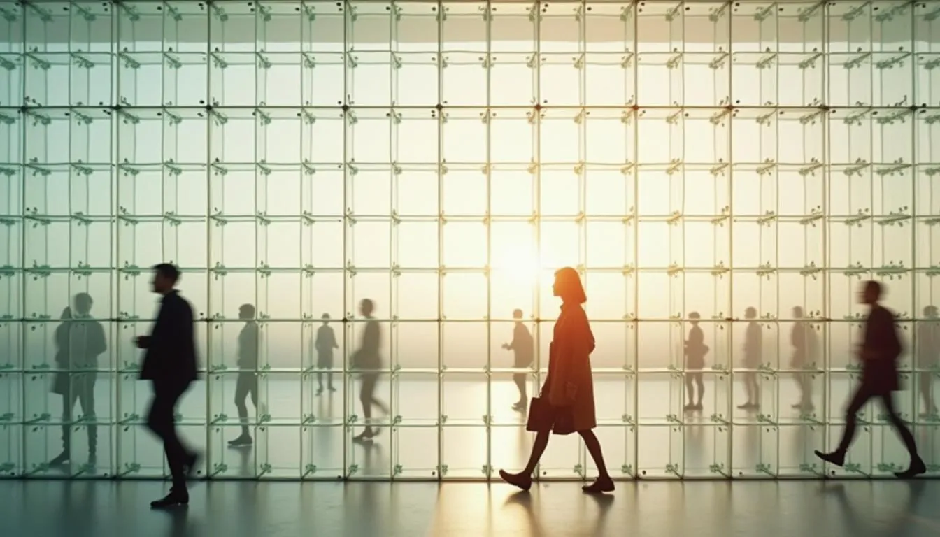 People walking past a large glass grid wall, illustrating a one-page AI use policy for small businesses
